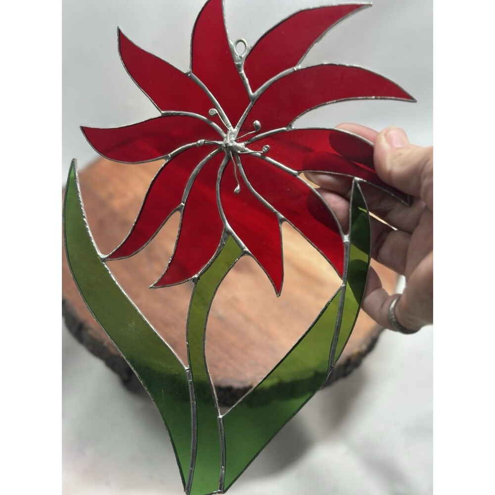 Handcrafted Stained Glass Poinsettia Red Flower Suncatcher Window Decor